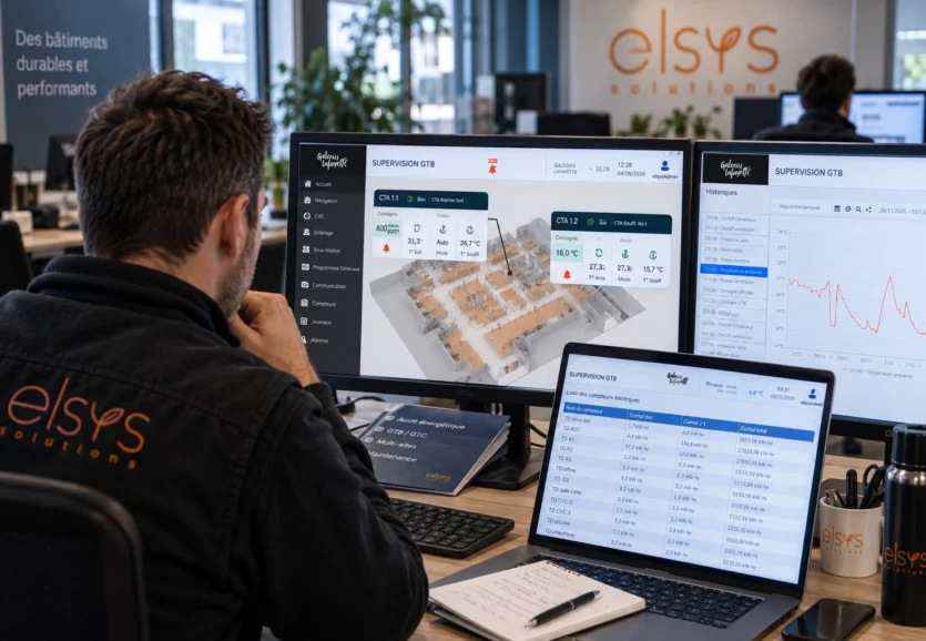 Galeries commerciales – supervision centralisée des installations Opérateur ELSYS devant plusieurs écrans de supervision affichant le plan et les indicateurs techniques d’une galerie commerciale.