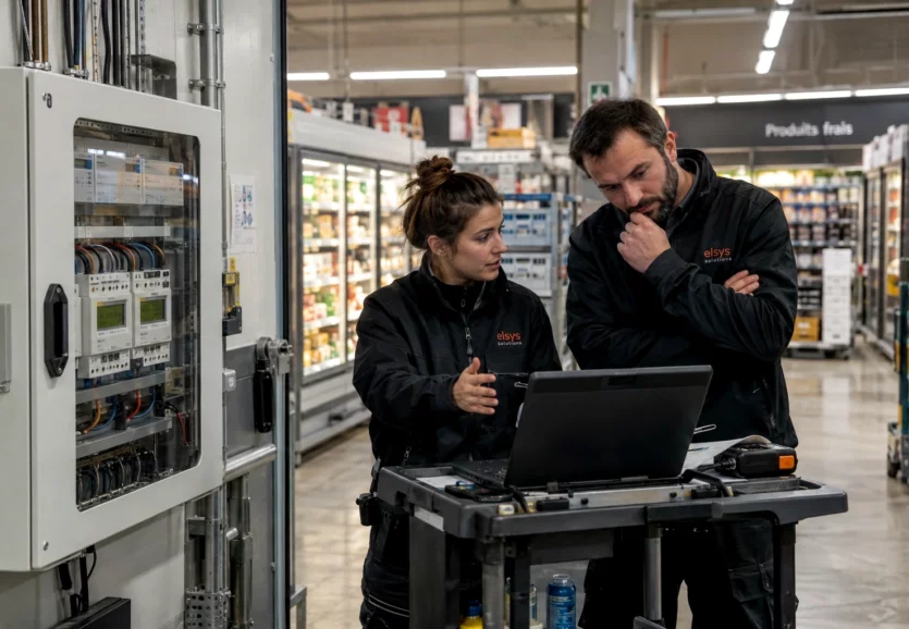 Commerce et retail – intervention GTB en point de vente Deux techniciens ELSYS consultent un ordinateur à côté d’un tableau électrique dans un magasin.
