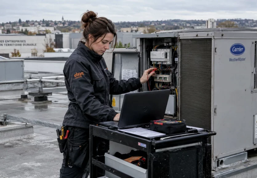 Logistique et entrepôts – régulation des équipements CVC Technicienne ELSYS contrôlant un équipement de climatisation en toiture avec un ordinateur et des instruments de mesure.