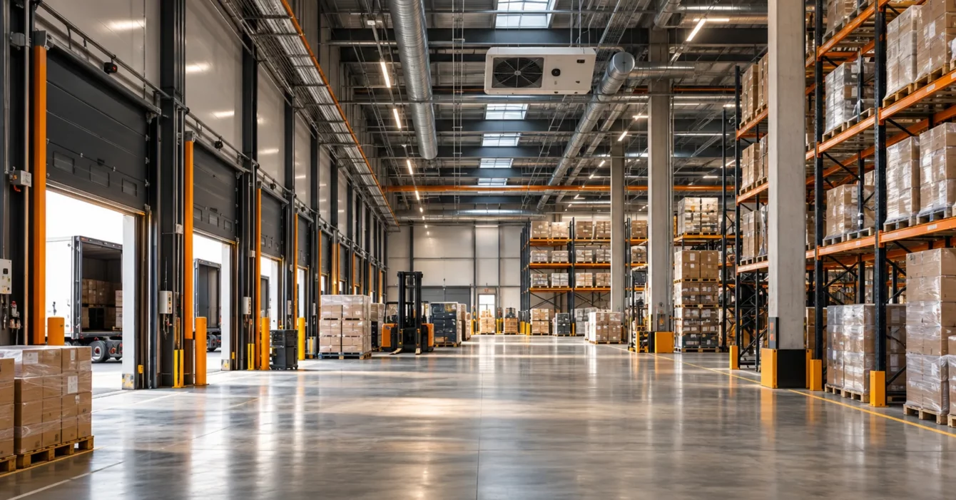 Logistique & Entrepôts – GTB et supervision Entrepôt logistique moderne avec quais, rayonnages et installations techniques