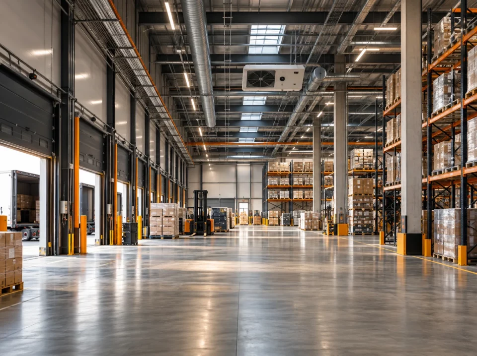 Entrepôt logistique moderne avec quais, rayonnages et installations techniques