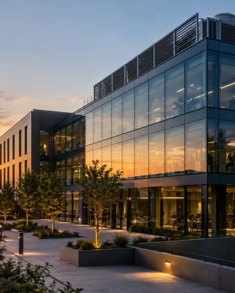 Bâtiment tertiaire moderne équipé pour la gestion technique et la performance énergétique
