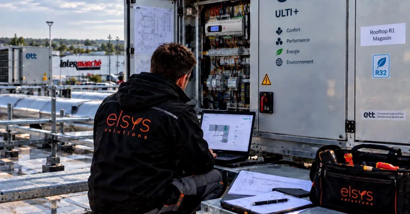 Chaussea – illustration de la GTB et de la régulation en magasin Technicien ELSYS configurant un équipement de traitement d’air en toiture à l’aide d’un ordinateur portable.