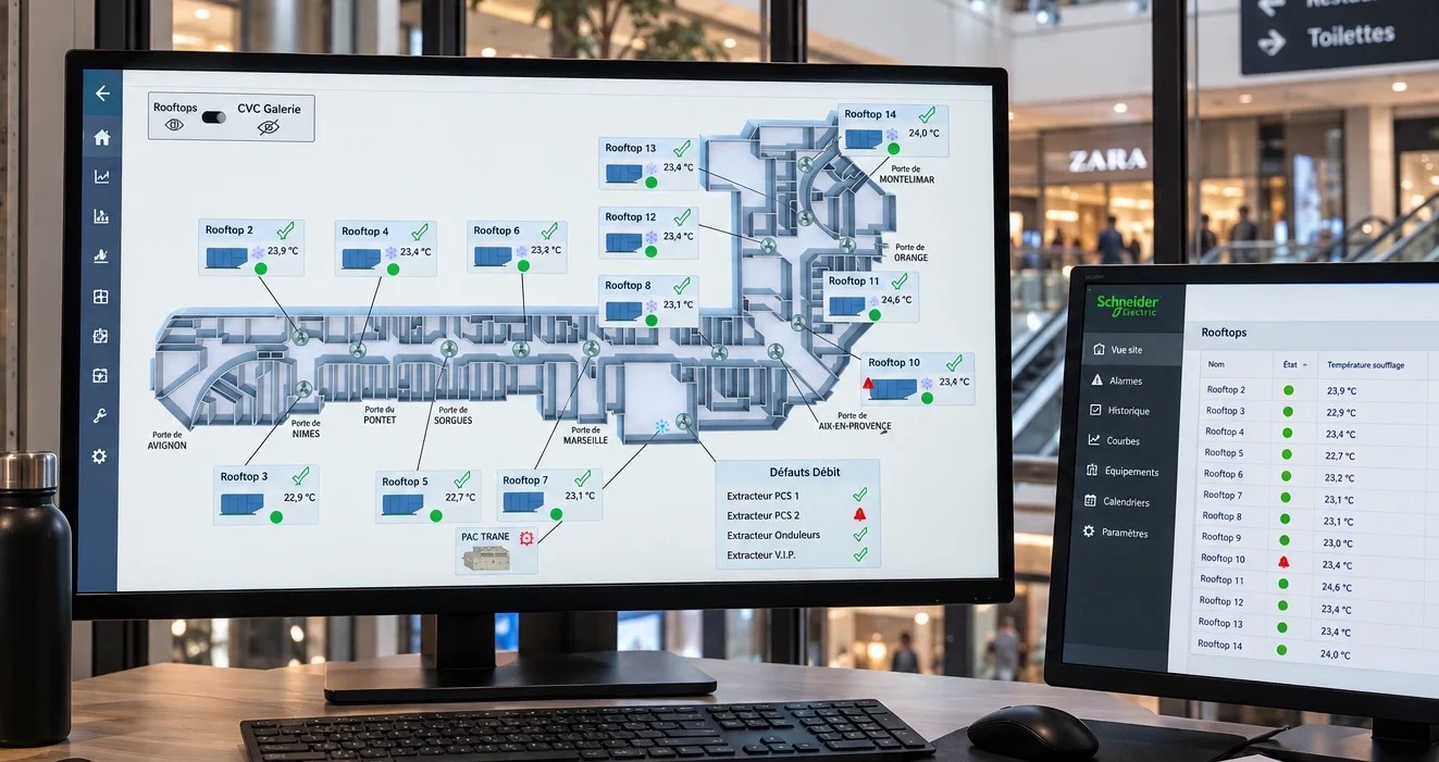 Galerie commerciale – supervision GTB des équipements CVC Écrans de supervision affichant le plan des équipements de ventilation et les températures d’une galerie commerciale.