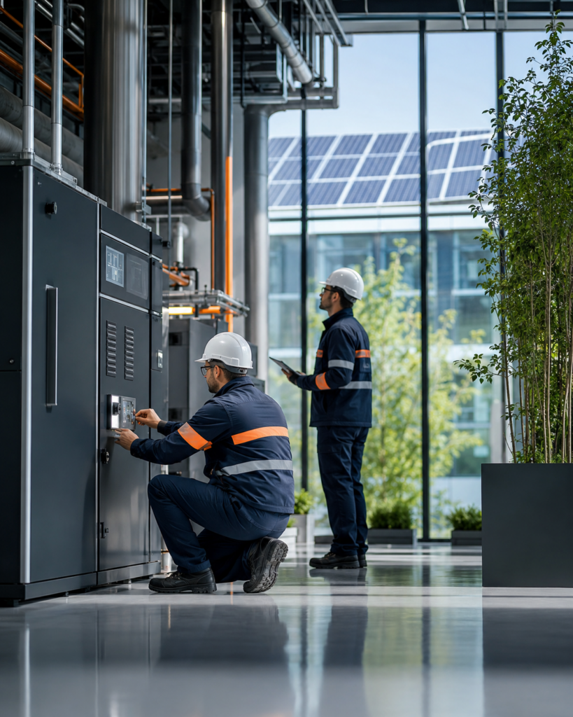 Deux techniciens contrôlent des équipements dans un local technique, avec des panneaux solaires visibles à l’extérieur.