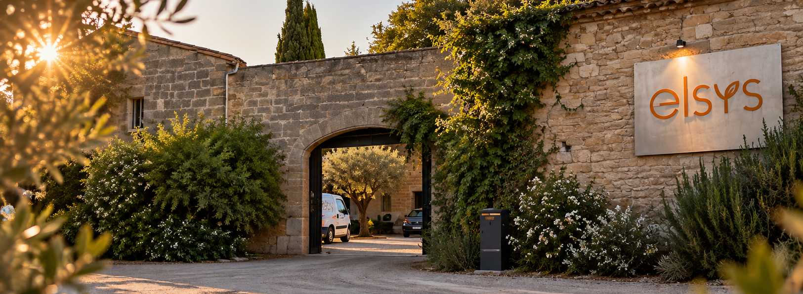 Entrée en pierre entourée de végétation, avec une enseigne ELSYS éclairée par le soleil.