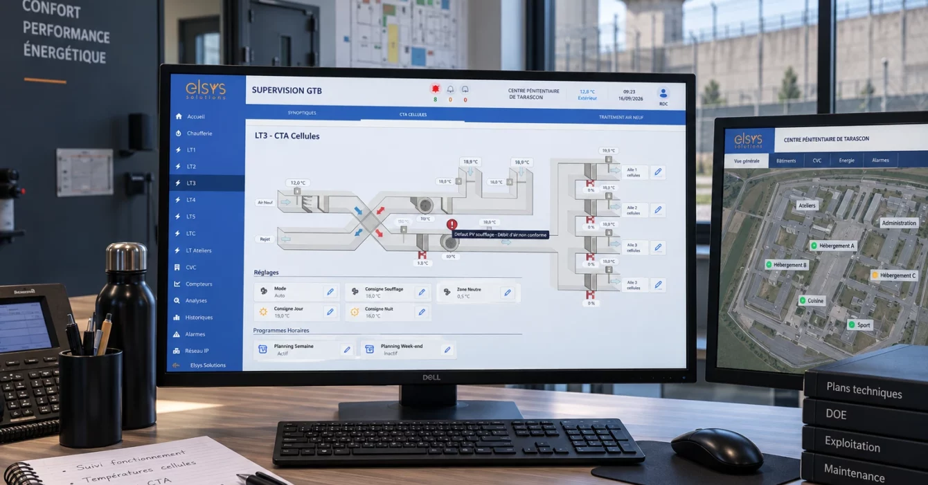 Environnement pénitentiaire – supervision GTB et ventilation Poste de supervision GTB affichant un synoptique de ventilation et un plan d’établissement pénitentiaire.