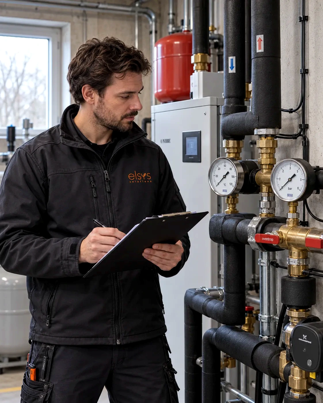 Technicien ELSYS relevant les indications de température et de pression d’une installation de chauffage.