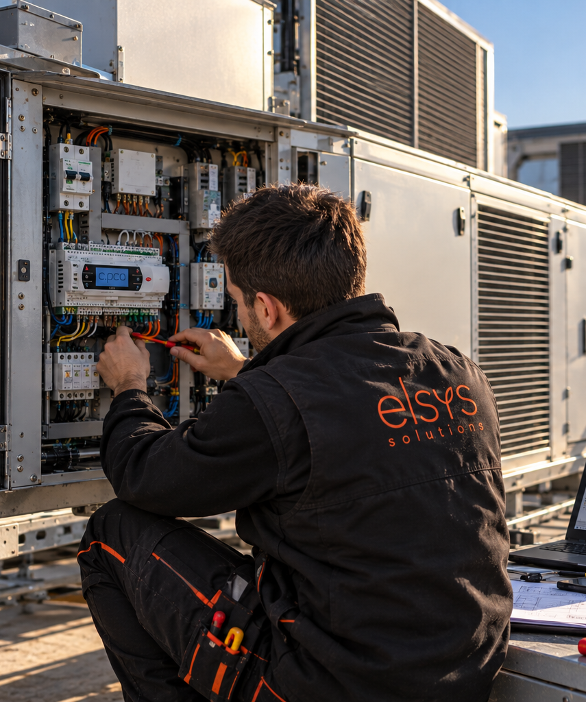 Technicien ELSYS intervenant sur le câblage d’un coffret de régulation d’un équipement de climatisation en toiture.