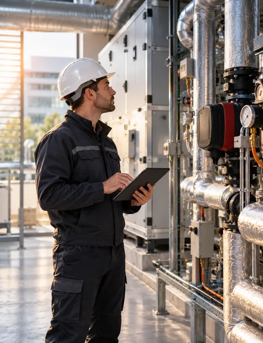Technicien réalisant l’audit d’une installation CVC dans un bâtiment tertiaire