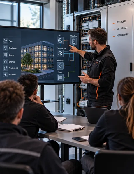 Formateur présentant une interface GTB à des équipes techniques