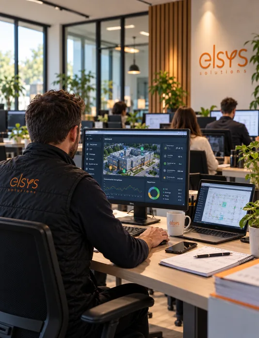 Collaborateur ELSYS consultant un tableau de bord de supervision énergétique sur son écran.